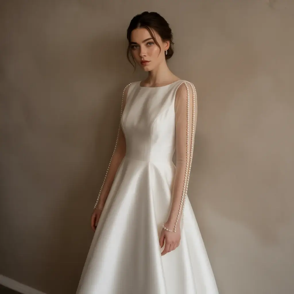 Modern minimalist wedding dress with a single elegant row of pearls running along the sleeve seams