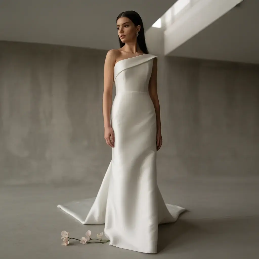 Top 16 Best Try at Home Wedding Dresses That Brides Are Ordering Online 5 Modern one-shoulder crepe wedding gown with sleek column silhouette and architectural neckline