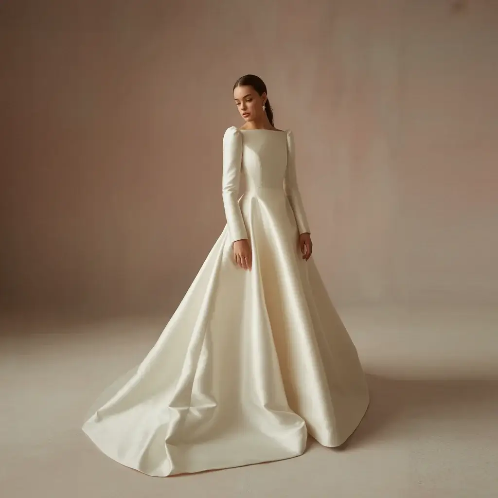 Modern silk mikado wedding dress with architectural long sleeves and structured geometric design