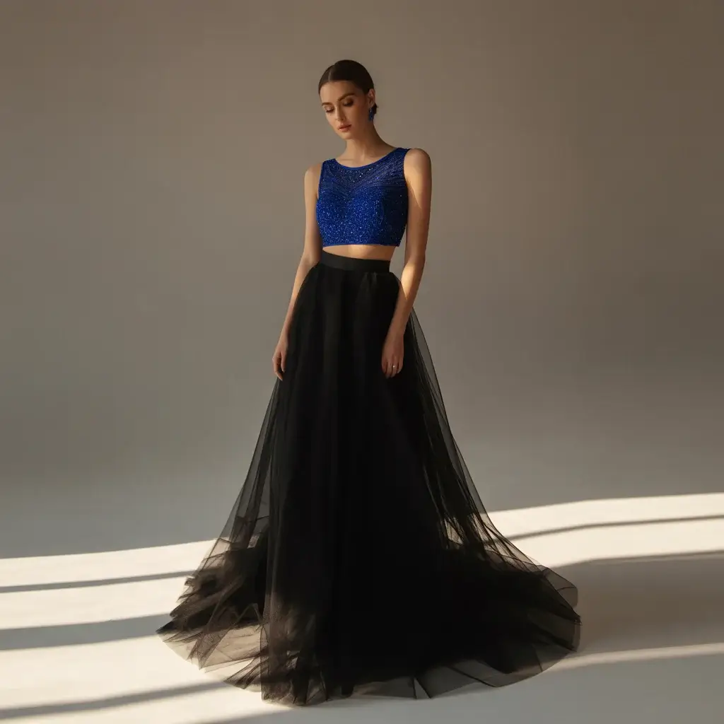 Modern two-piece wedding ensemble with royal blue beaded top and black tulle skirt