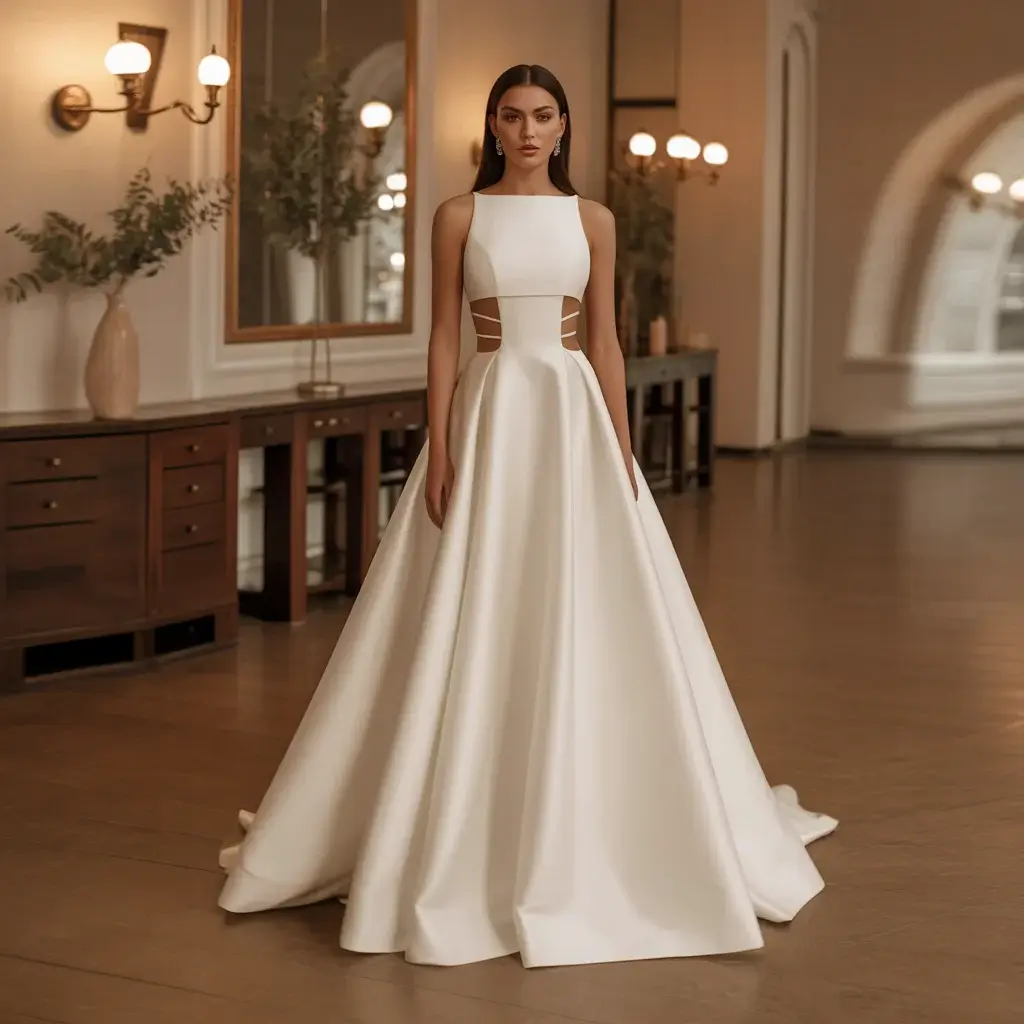 11 Revealing Wedding Gowns Redefining Bridal Fashion 7 Modern wedding dress featuring strategic cutout side panels with geometric design and contemporary clean lines