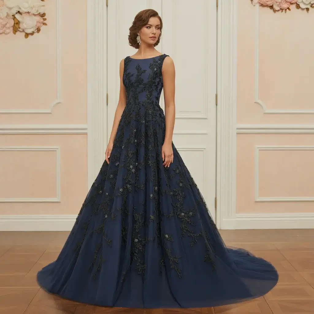 Navy blue fit and flare wedding dress with black floral appliqué details