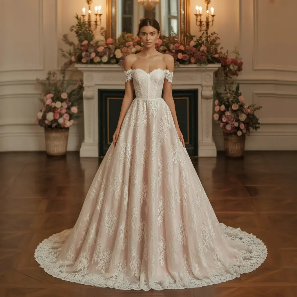 Off shoulder Chantilly lace wedding dress with delicate floral patterns and romantic neckline
