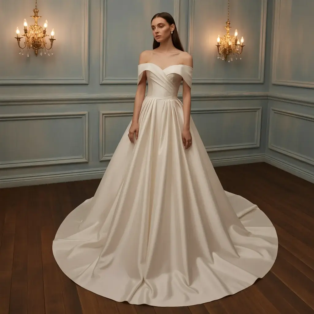 Off shoulder gown with elegant court train and romantic draping details