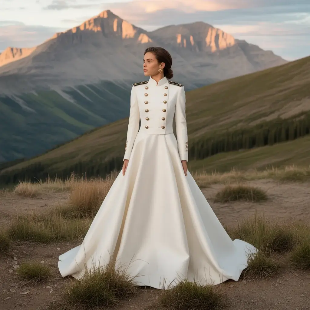 15 Wedding Dresses for Mountain Weddings 13 Powerful bride in a structured military-inspired wedding uniform dress with brass buttons and tailored fit