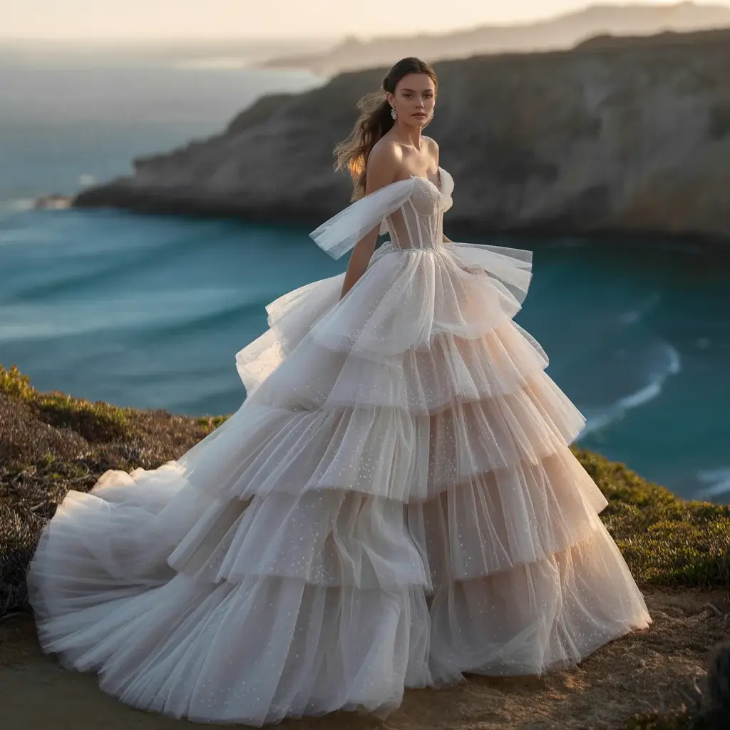 Princess gown with multiple tiered tulle layers creating dramatic fairy-tale volume