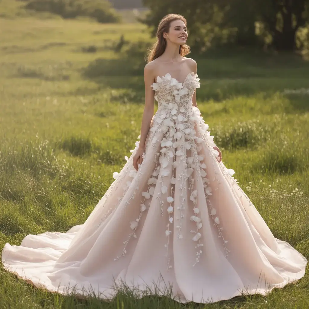 Princess gown with three-dimensional floral appliques across the bodice