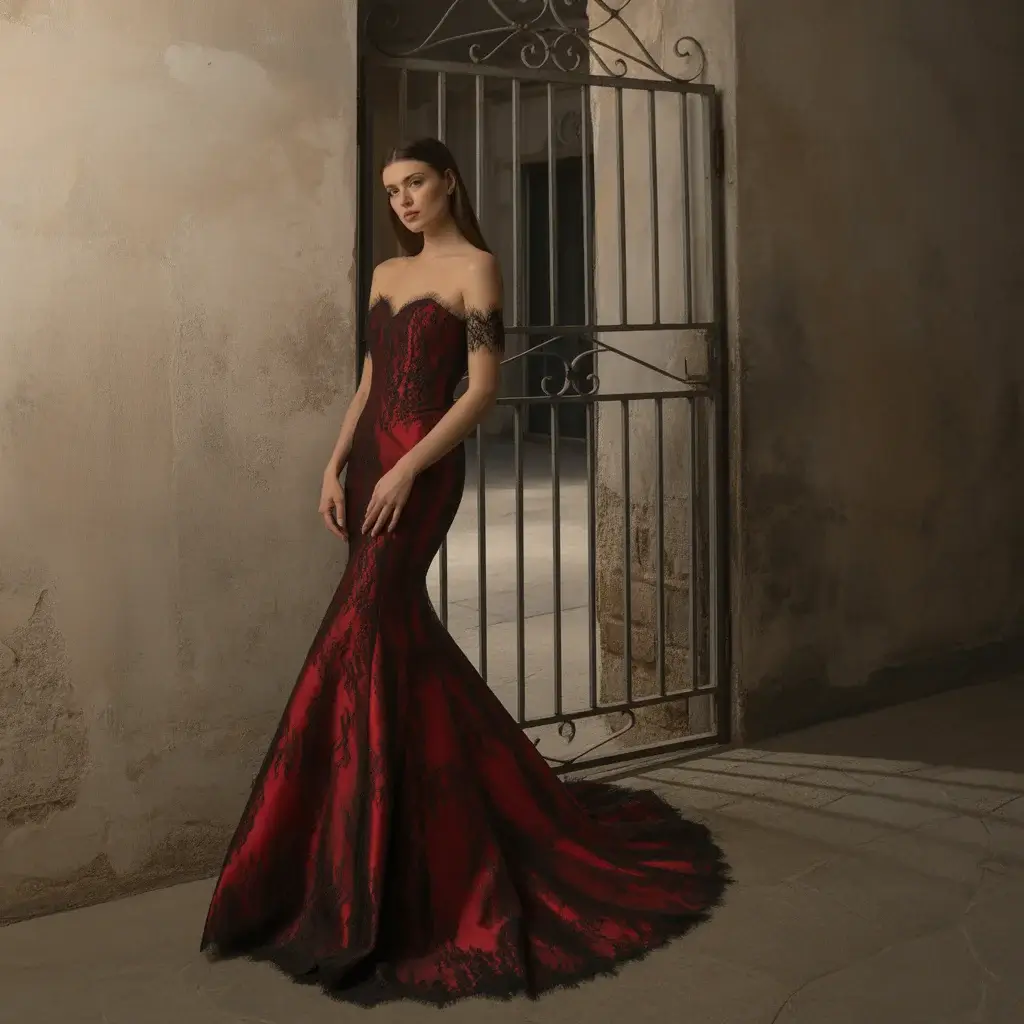 Red and black mermaid wedding dress with off-shoulder lace sleeves and dramatic train
