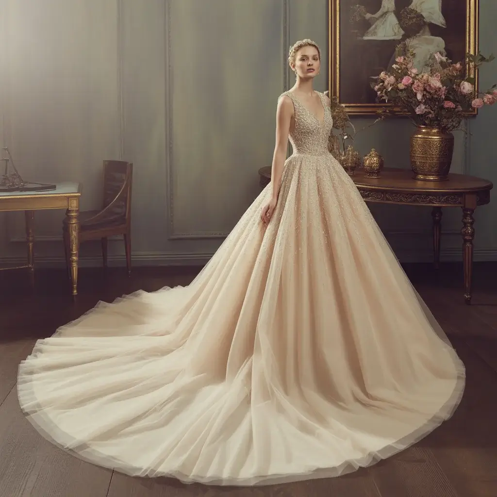 Regal cathedral train ball gown with crystal beaded bodice and flowing tulle skirt