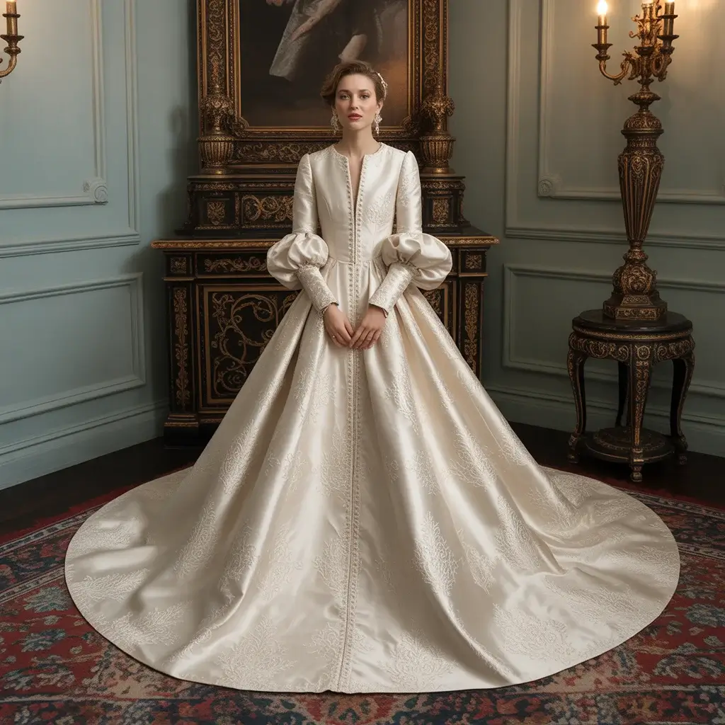 Regal silk brocade cathedral wedding dress with ornate long sleeves and luxurious woven patterns