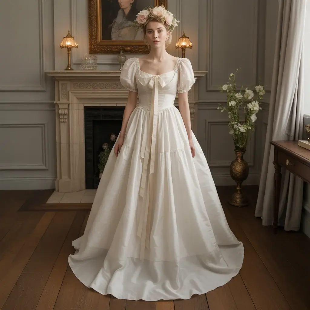 Regency empire waist silk organza wedding gown with delicate ribbon details and flowing skirt