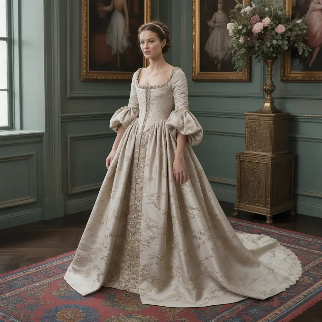 Renaissance silk brocade court wedding gown with metallic threads and dramatic train