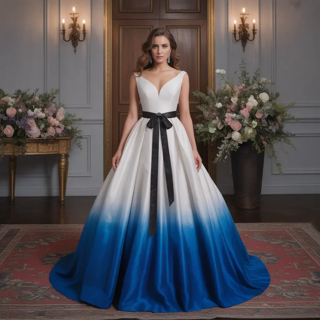 Romantic A-line wedding gown with blue ombre effect and black satin belt detail
