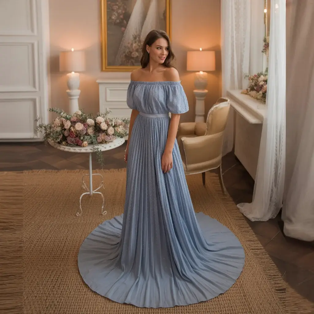 Top 15 Wedding Guest Outfit Ideas That Are Trending Now 7 Romantic Dusty Blue Off Shoulder Dress With Flowing Skirt