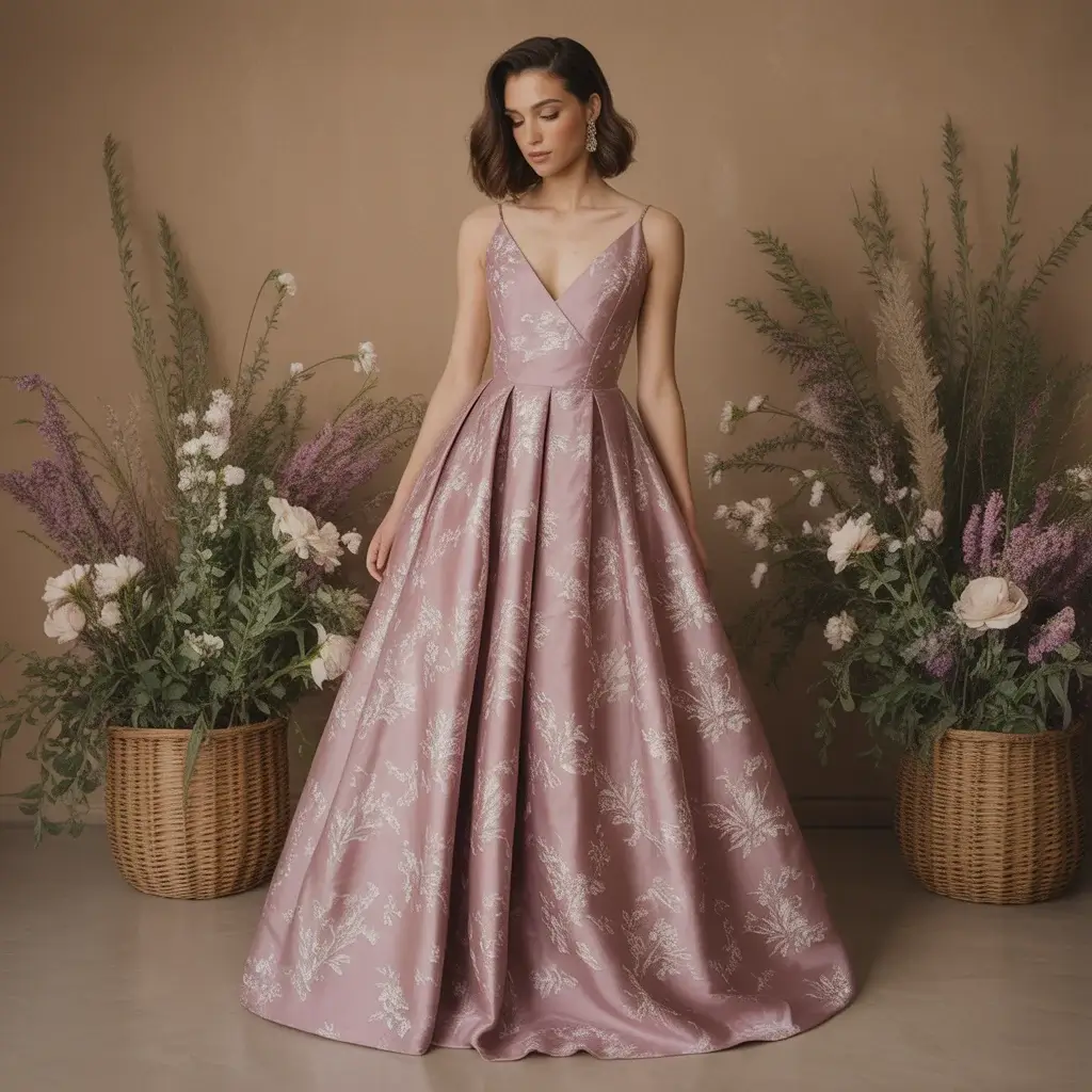 Top 15 Wedding Guest Outfit Ideas That Are Trending Now 12 Romantic Mauve A Line Dress With Delicate Floral Print Pattern