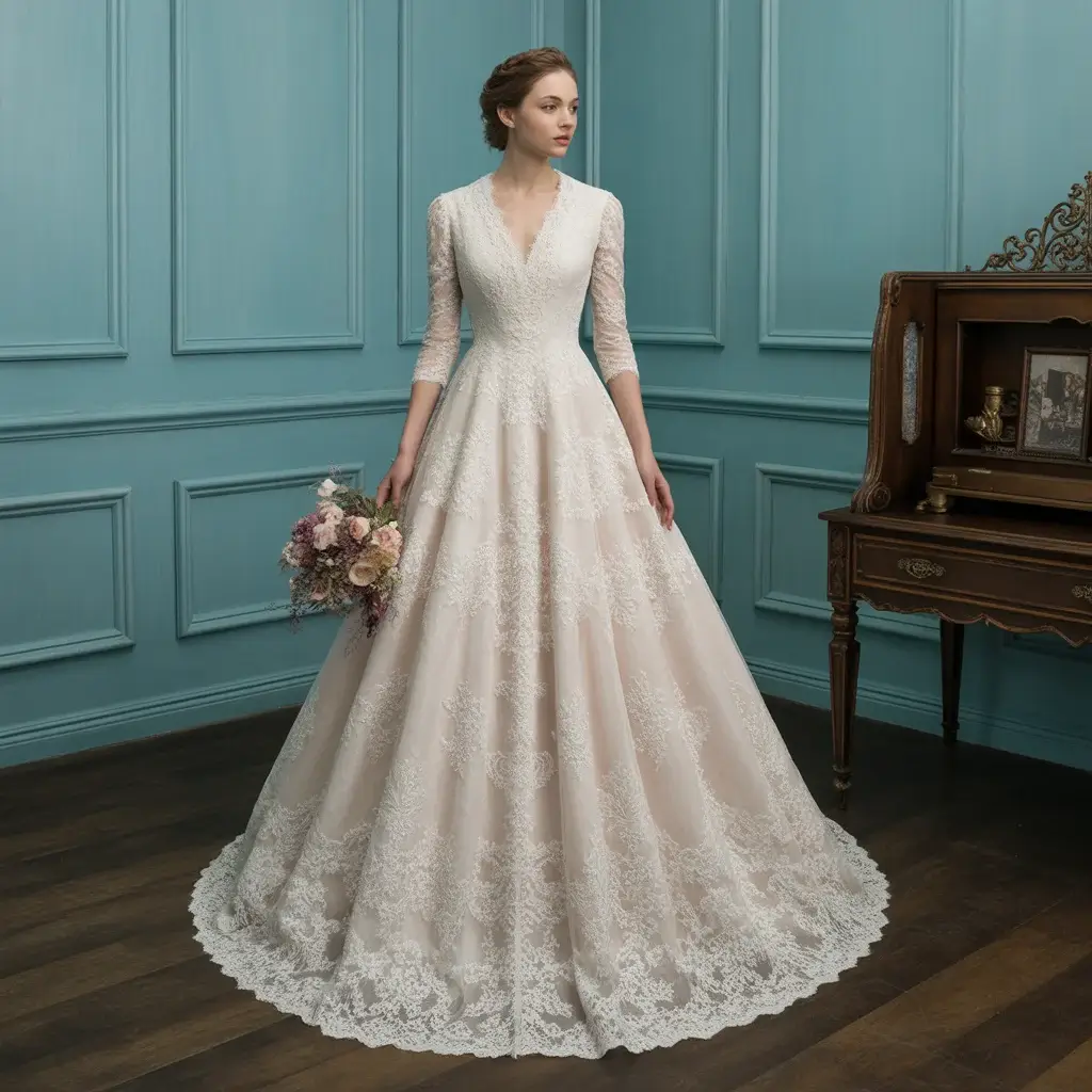 Romantic Vintage Inspired A Line Wedding Gown With Intricate Victorian Lace Details