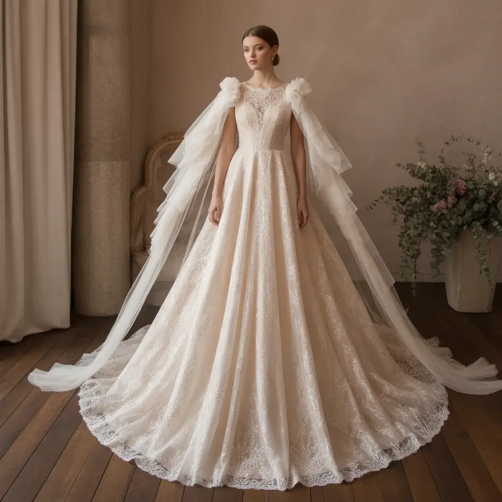 Romantic gown with Watteau train panels flowing from the shoulders
