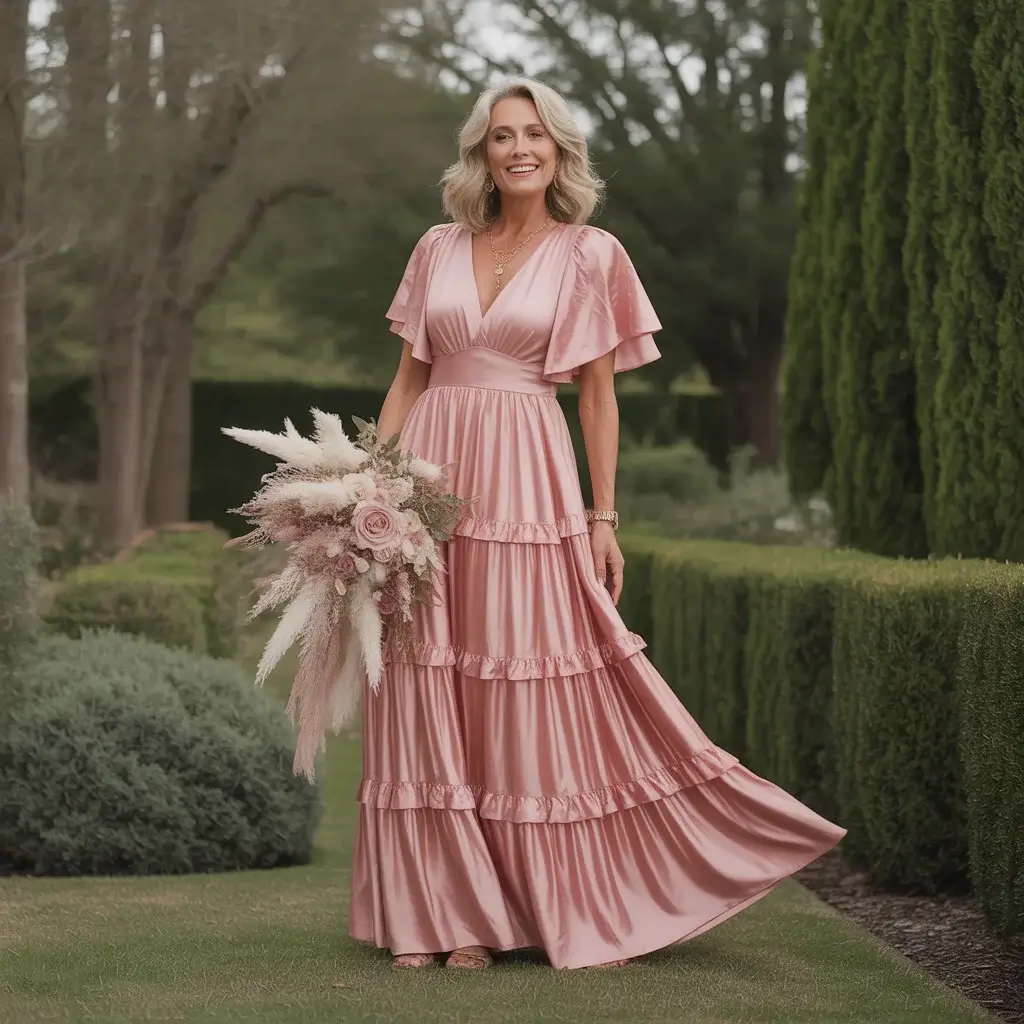 Top 15 Rose Gold Dresses for Mother of the Bride That Are Trending Right Now 11 Romantic mature woman in rose gold tiered ruffle maxi dress with flutter sleeves at bohemian garden wedding