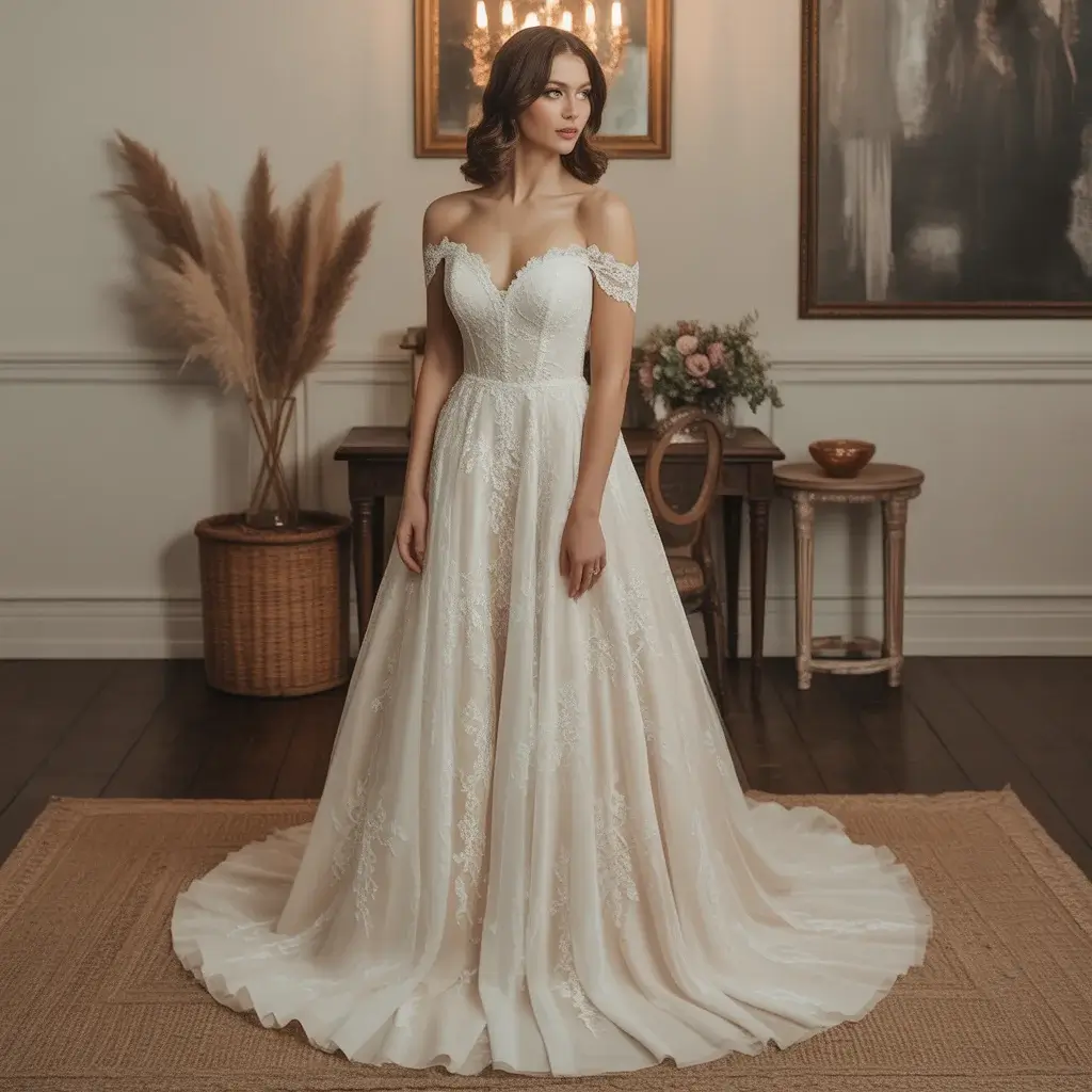 Top 16 Best Try at Home Wedding Dresses That Brides Are Ordering Online 1 Romantic off-shoulder lace wedding dress with flowing A-line skirt and delicate appliques