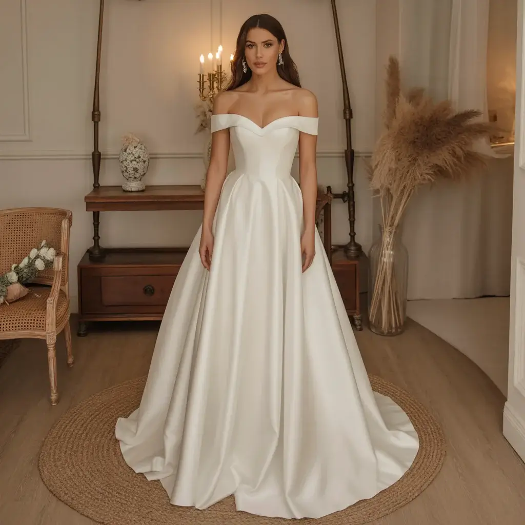 11 Revealing Wedding Gowns Redefining Bridal Fashion 6 Romantic off-shoulder wedding dress with Bardot neckline showcasing shoulders and elegant flowing silhouette