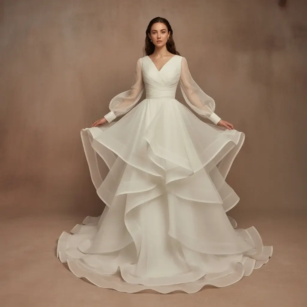 Romantic silk organza wedding dress with layered long sleeves and ethereal flowing design