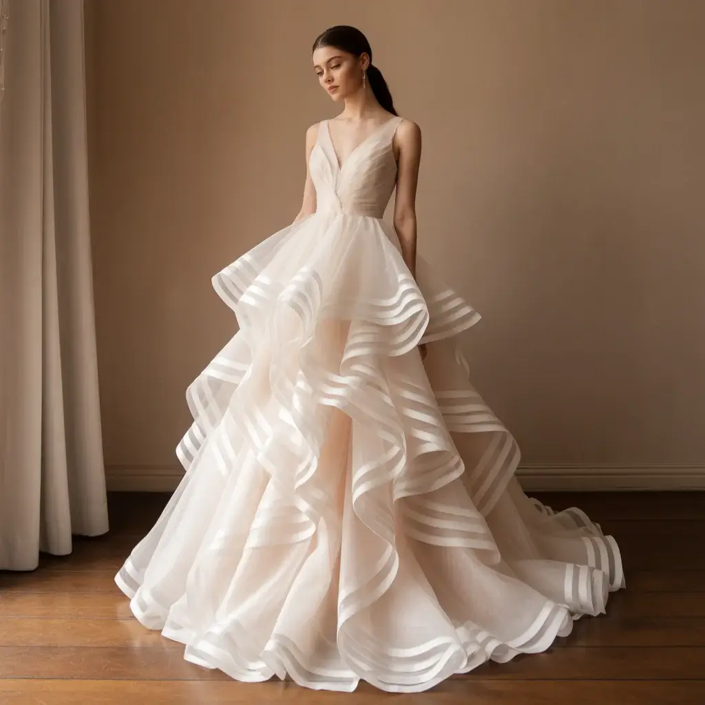 Top 16 Best Try at Home Wedding Dresses That Brides Are Ordering Online 12 Romantic tiered ruffle wedding gown with cascading layers and whimsical feminine movement
