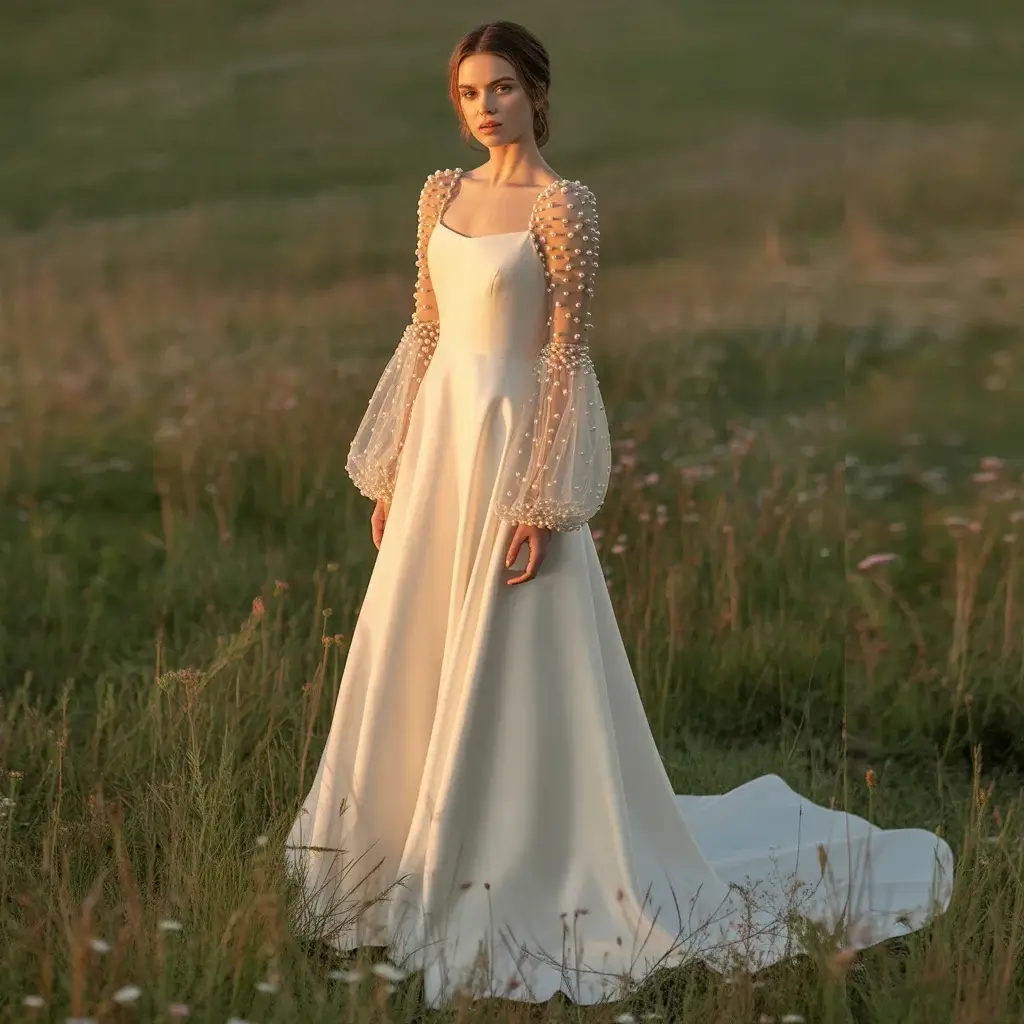 Romantic vintage-style wedding dress featuring intricate pearl cluster designs scattered across long elegant sleeves