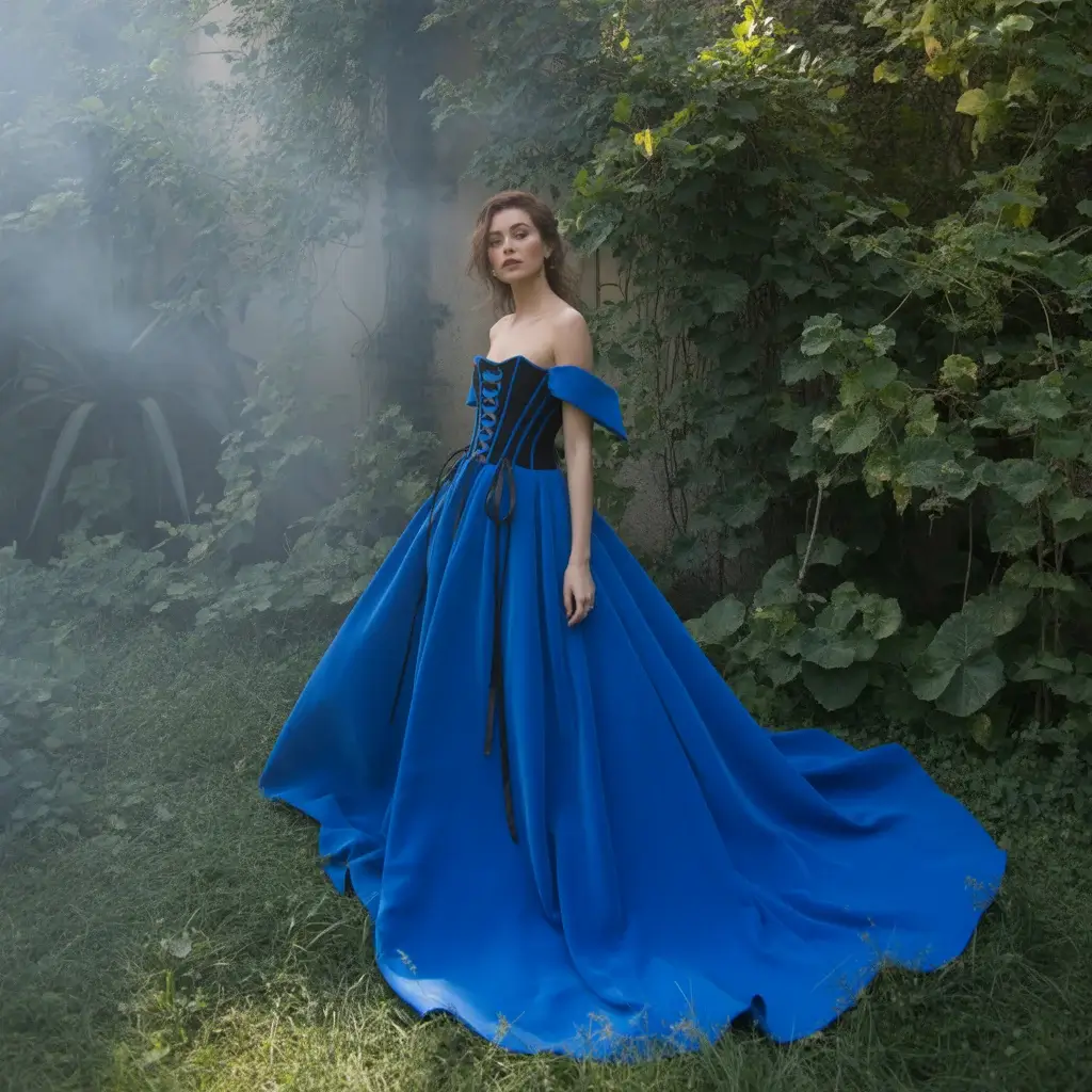 Royal blue high-low wedding dress with black corset bodice and ribbon lacing