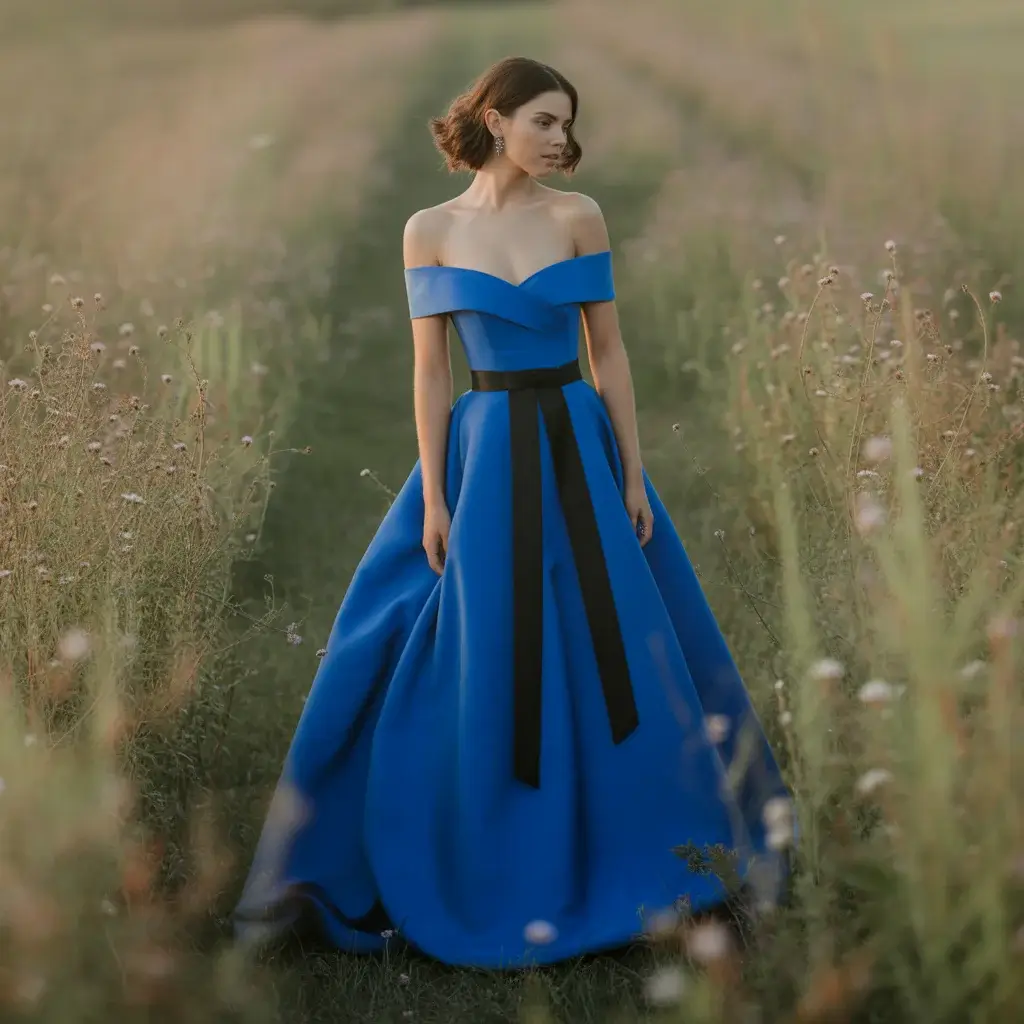 Royal blue off-shoulder wedding gown with black ribbon trim and full skirt