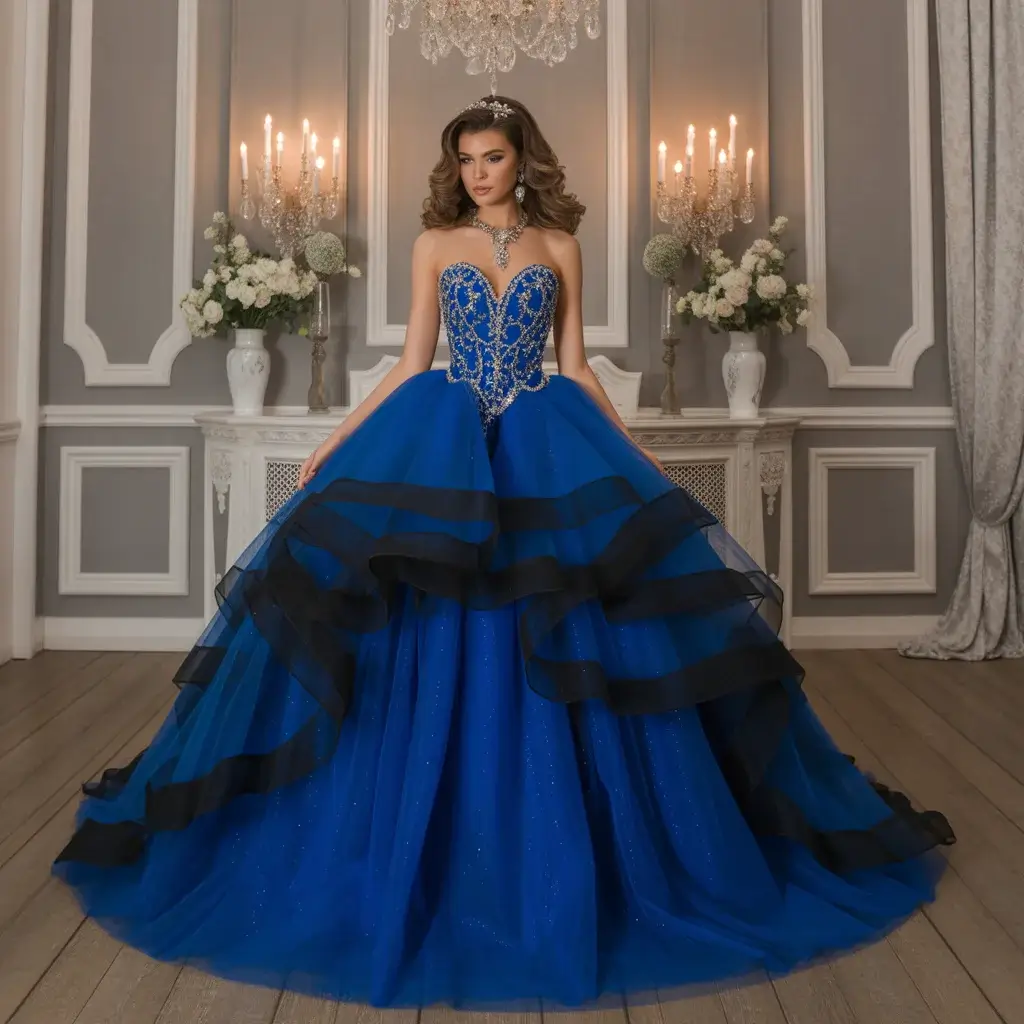 Royal blue princess ball gown with black tulle underskirt layers and crystal beading