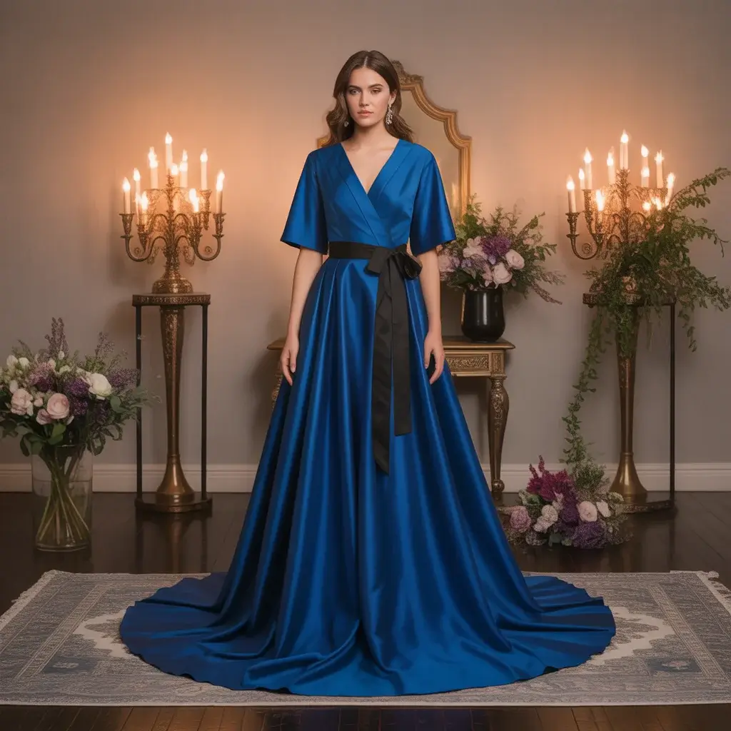 Royal blue silk wrap wedding dress with black sash detail and flowing skirt