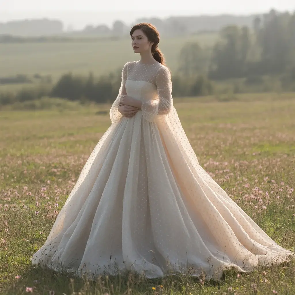 Royal gown with delicate organza overlay creating ethereal texture and movement