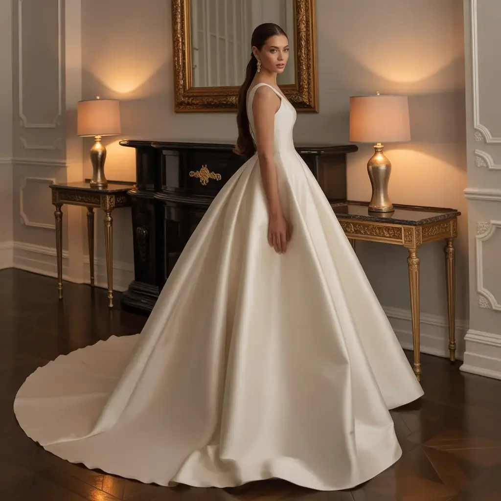 Silk mikado ball gown with structured silhouette and crisp architectural lines