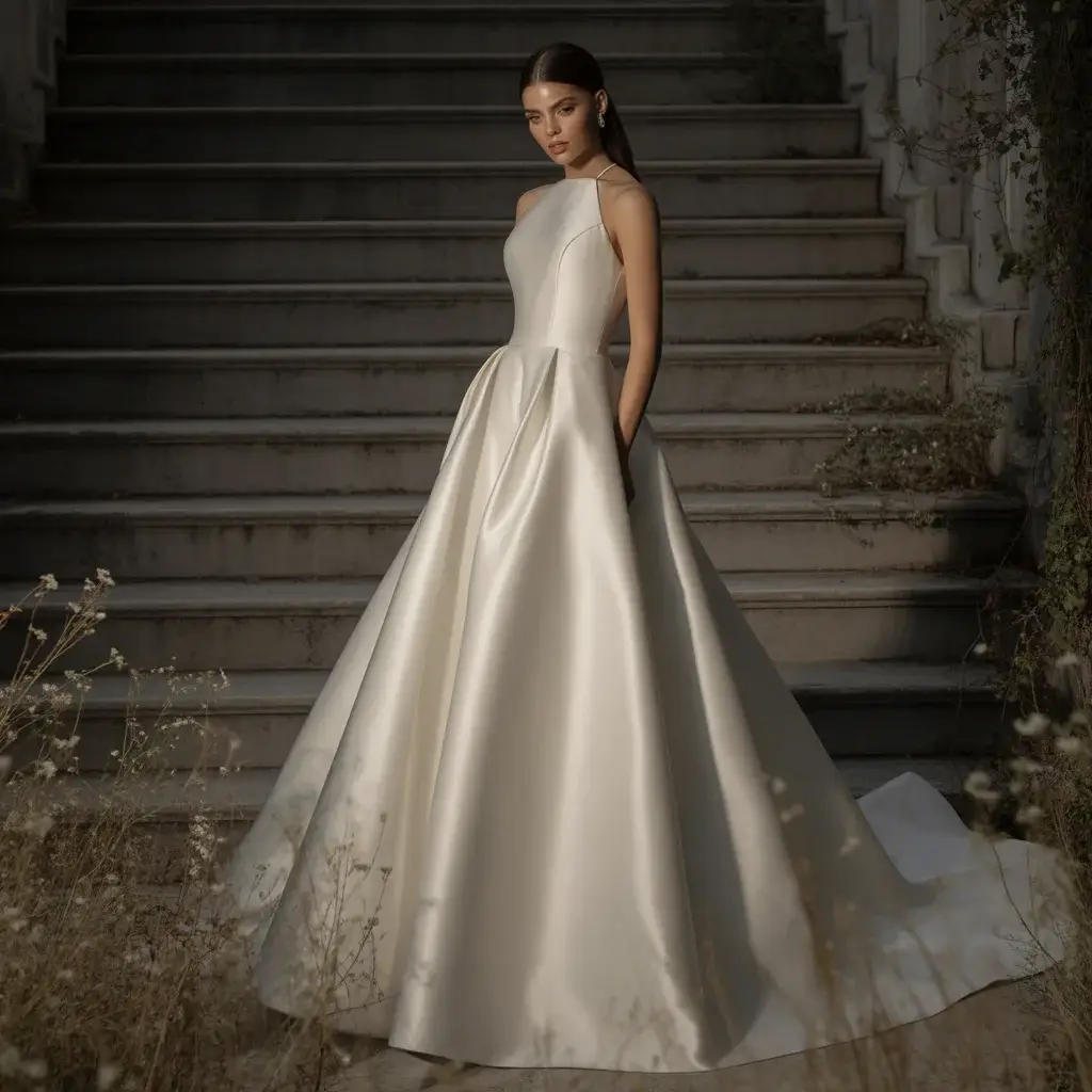 Top 16 Best Try at Home Wedding Dresses That Brides Are Ordering Online 7 Sleek halter neck satin wedding dress with sophisticated neckline and lustrous fabric finish
