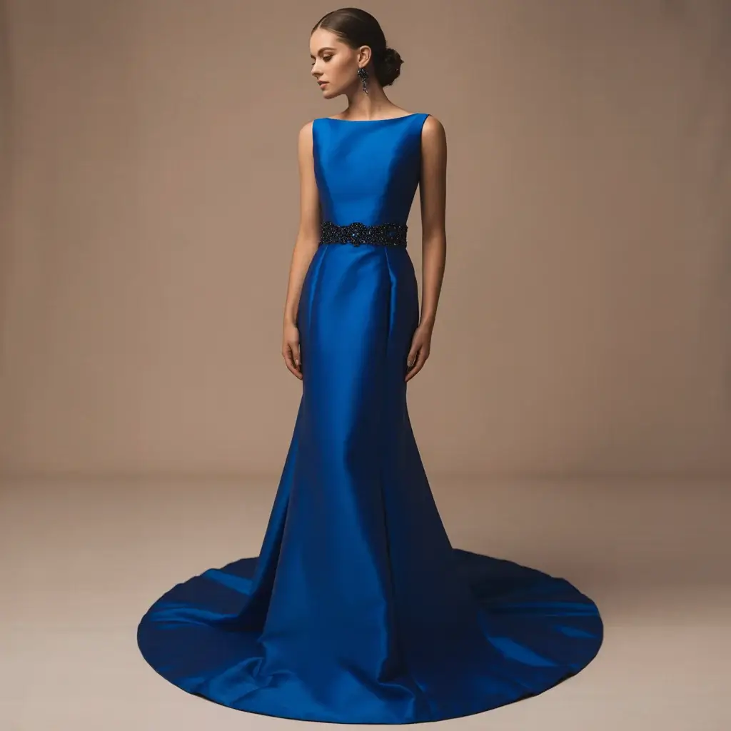 Sleek royal blue column wedding dress with black beaded belt and clean lines