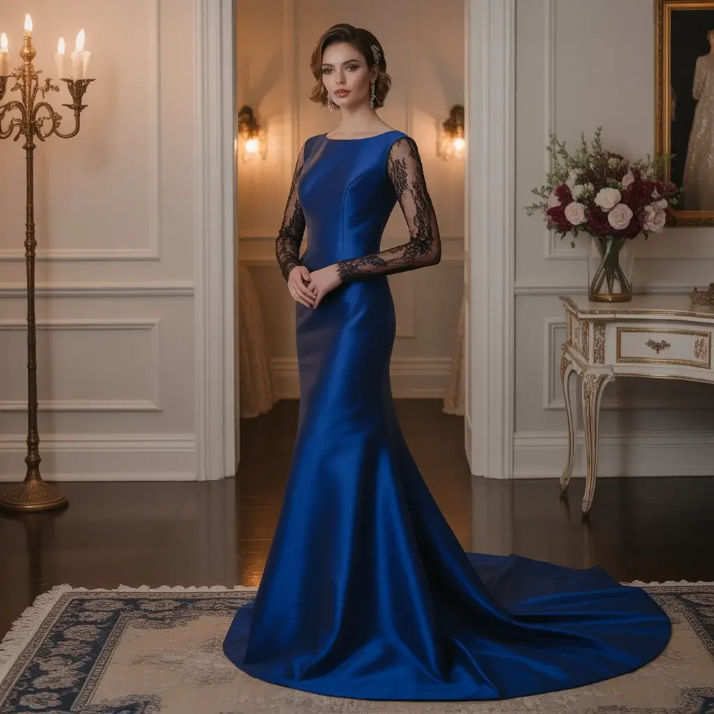 Sleek royal blue sheath wedding dress with delicate black lace sleeves
