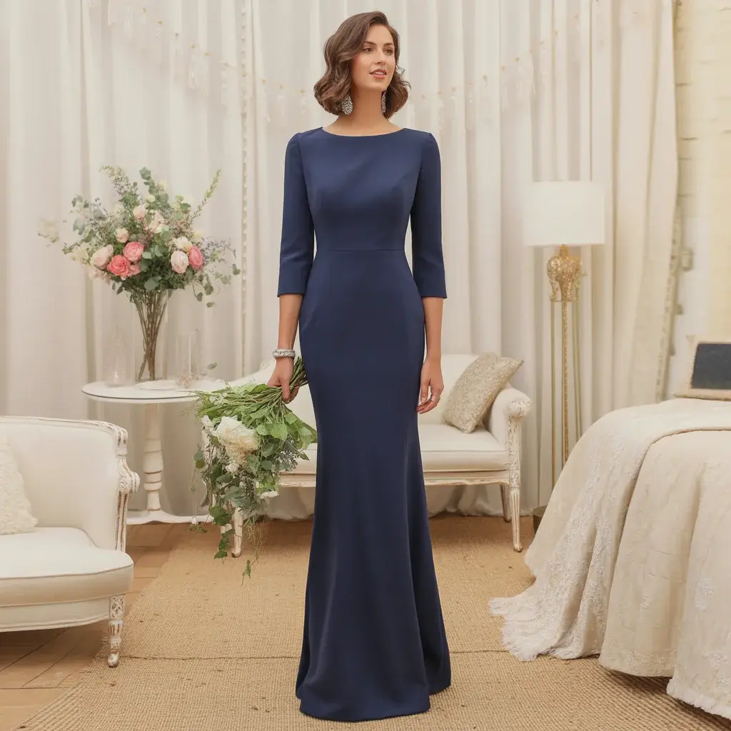 Top 15 Wedding Guest Outfit Ideas That Are Trending Now 13 Sophisticated Midnight Blue Crepe Sheath Dress With Three Quarter Sleeves