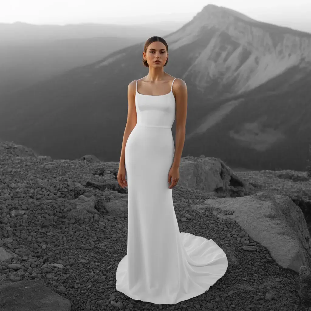 15 Wedding Dresses for Mountain Weddings 6 Sophisticated bride in a minimalist crepe column wedding dress with clean lines posing elegantly against stark mountain landscape
