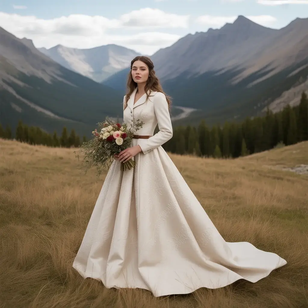 15 Wedding Dresses for Mountain Weddings 11 Sophisticated bride in vintage mountain lodge inspired wedding dress with rich textures and classic tailoring