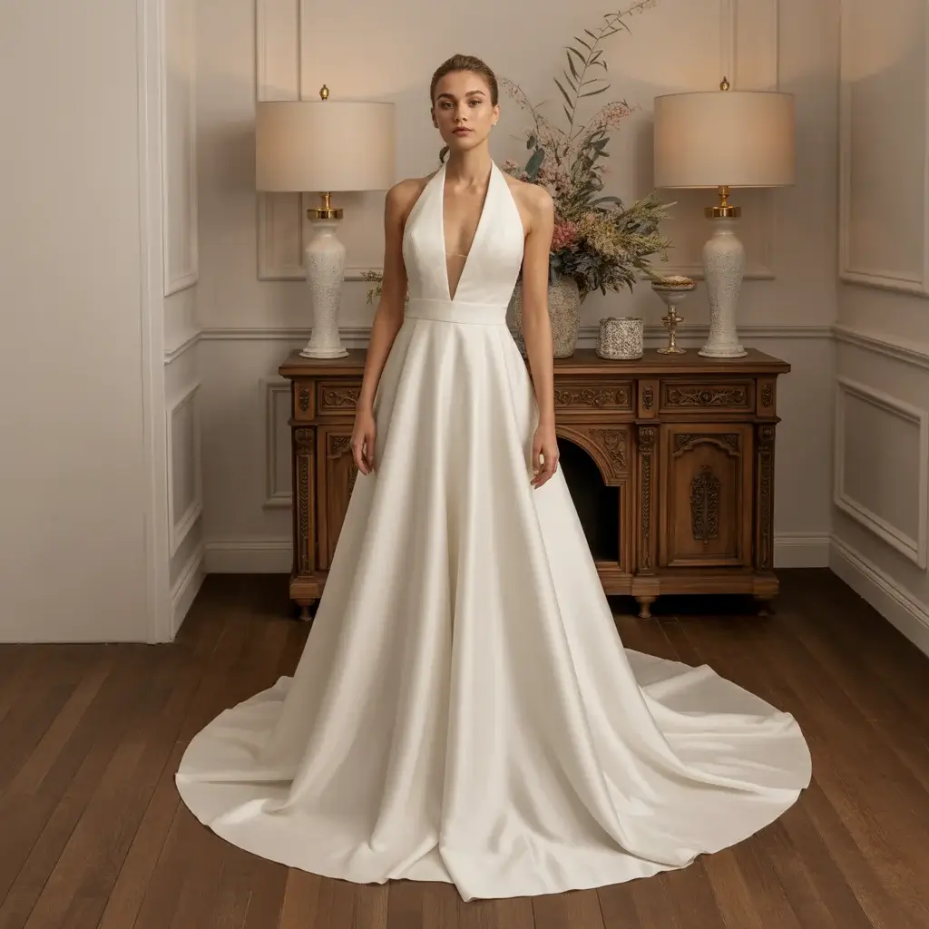 11 Revealing Wedding Gowns Redefining Bridal Fashion 12 Sophisticated halter neck wedding dress with deep V-neckline and elegant flowing train
