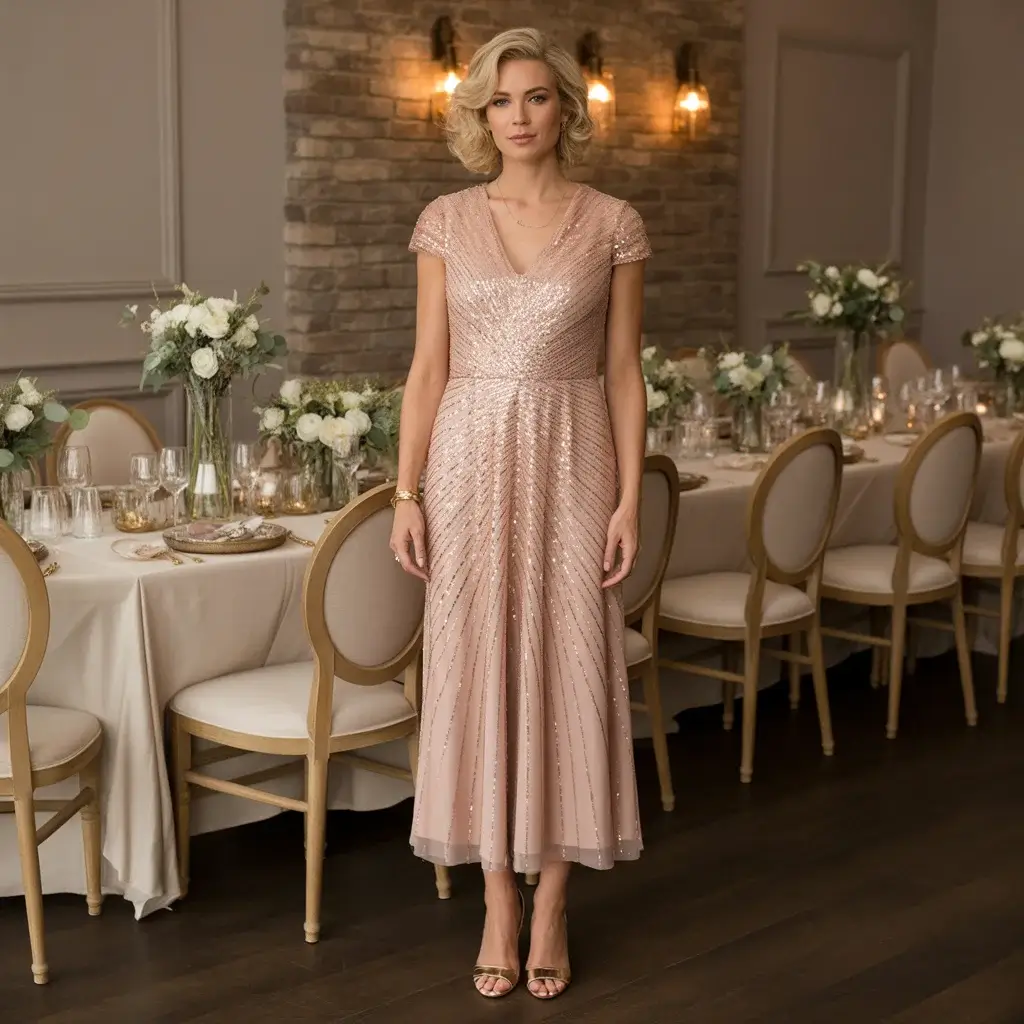 Top 15 Rose Gold Dresses for Mother of the Bride That Are Trending Right Now 2 Sophisticated mother of bride in rose gold sequined cocktail dress with cap sleeves standing at wedding reception