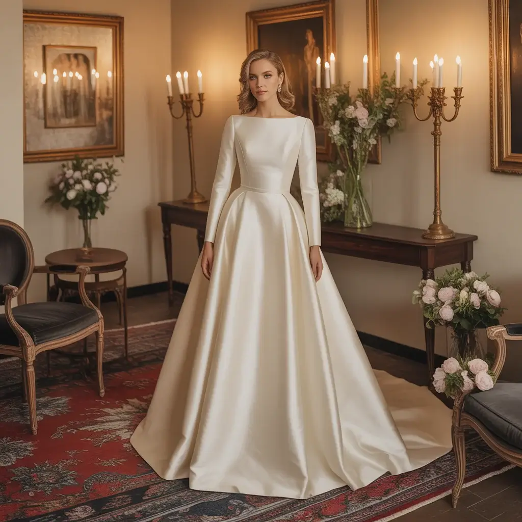 Sophisticated silk faille wedding dress with fitted long sleeves and elegant fit-and-flare silhouette