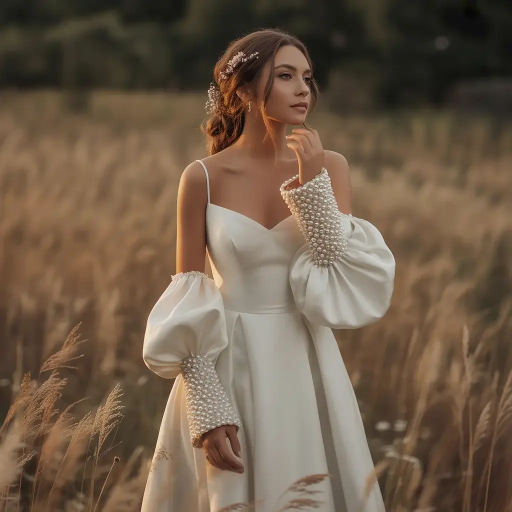 Sophisticated wedding dress featuring dramatic pearl-encrusted cuffs that create stunning focal points on elegant sleeves