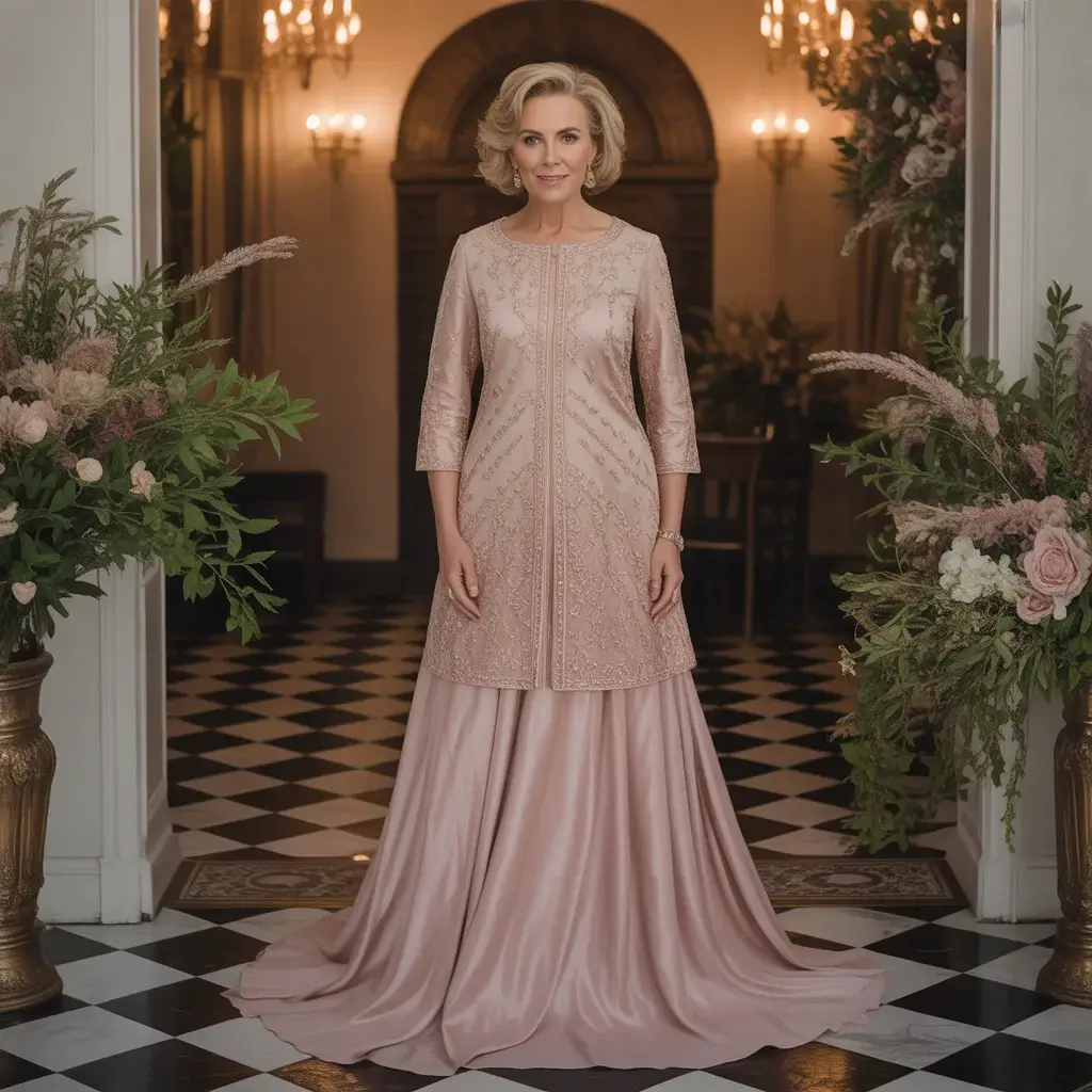 Top 15 Rose Gold Dresses for Mother of the Bride That Are Trending Right Now 9 Sophisticated woman in her 50s wearing rose gold embroidered shift dress with three-quarter sleeves at intimate wedding