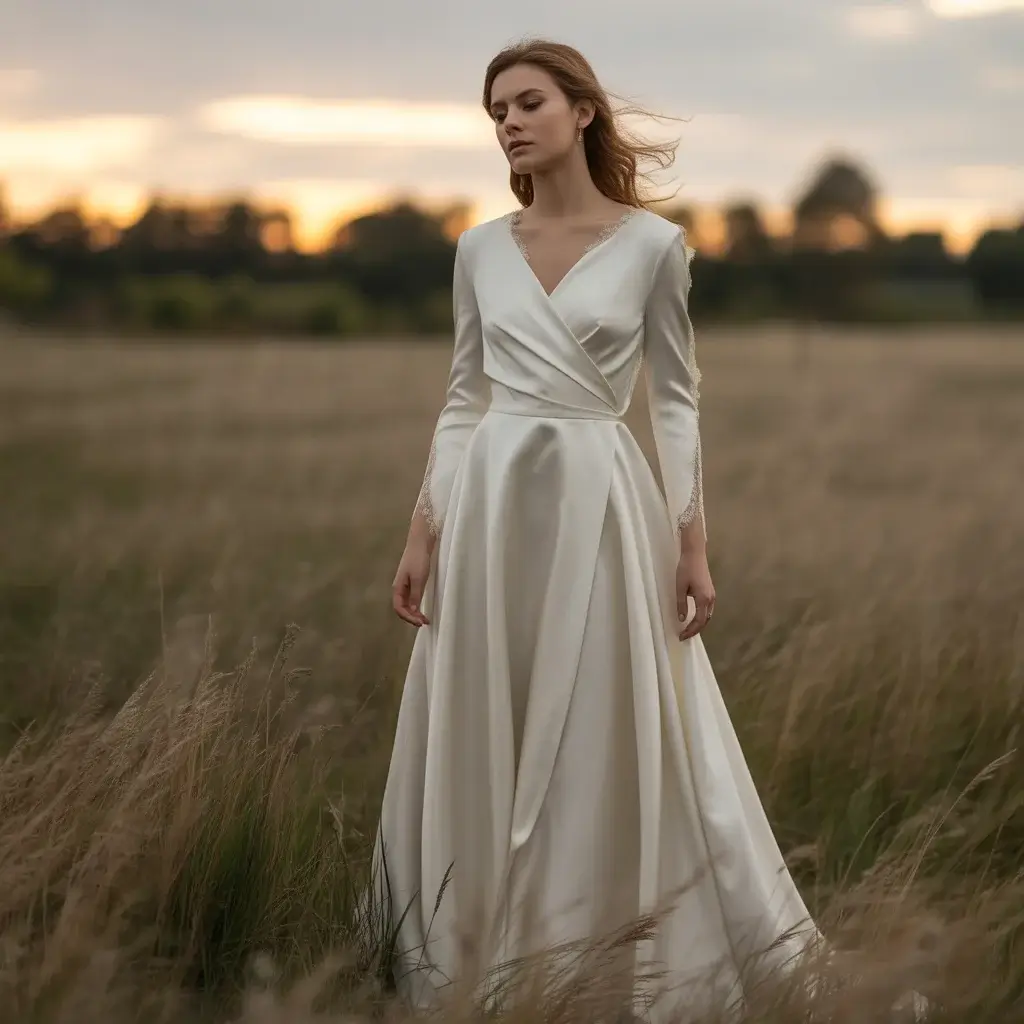 11 Revealing Wedding Gowns Redefining Bridal Fashion 11 Sophisticated wrap-style wedding dress with crossover bodice design and flowing romantic silhouette