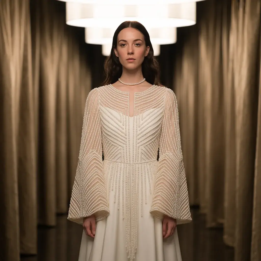 Striking art deco inspired wedding dress with geometric pearl patterns creating bold symmetrical designs on structured sleeves