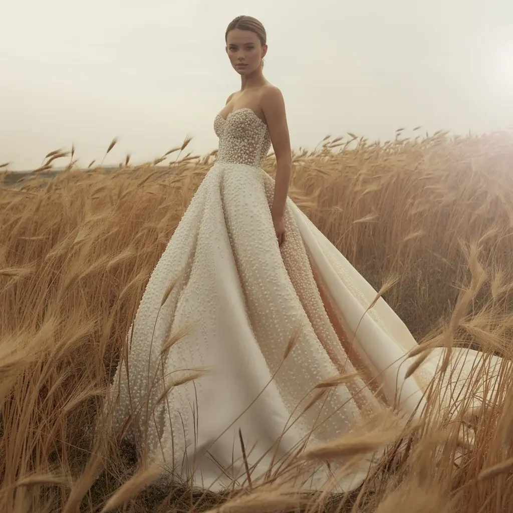 Stunning Textured Wedding Gown Combining Satin Lace And Delicate Pearl Beadwork Details