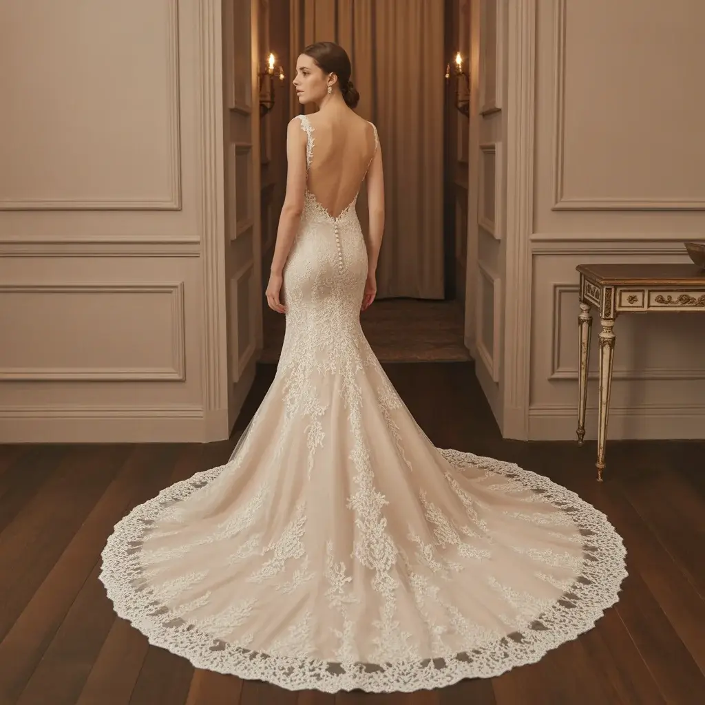 11 Revealing Wedding Gowns Redefining Bridal Fashion 3 Stunning backless mermaid wedding dress with intricate lace detailing and form-fitting silhouette that flares dramatically