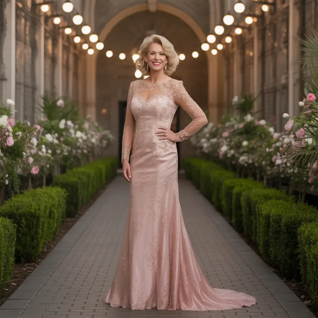Top 15 Rose Gold Dresses for Mother of the Bride That Are Trending Right Now 7 Stunning mature woman in rose gold lace overlay evening gown with long sleeves at black-tie wedding