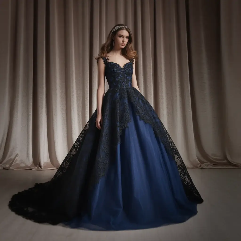 Stunning midnight blue ballgown with intricate black lace overlay and dramatic train
